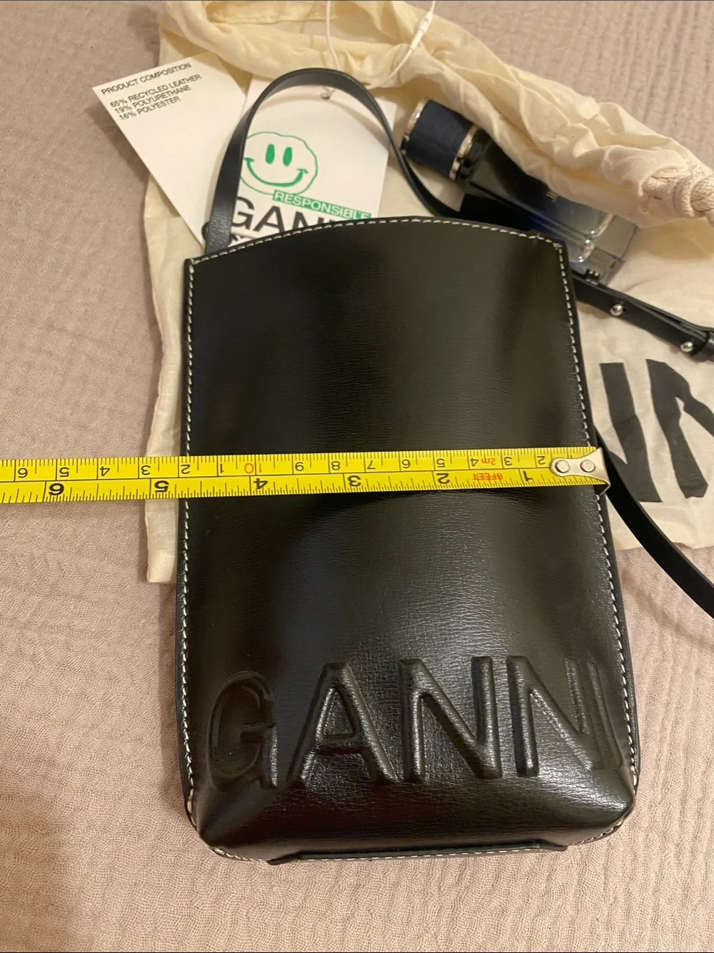 Ganni Black Embossed Leather Phone  Crossbody. New